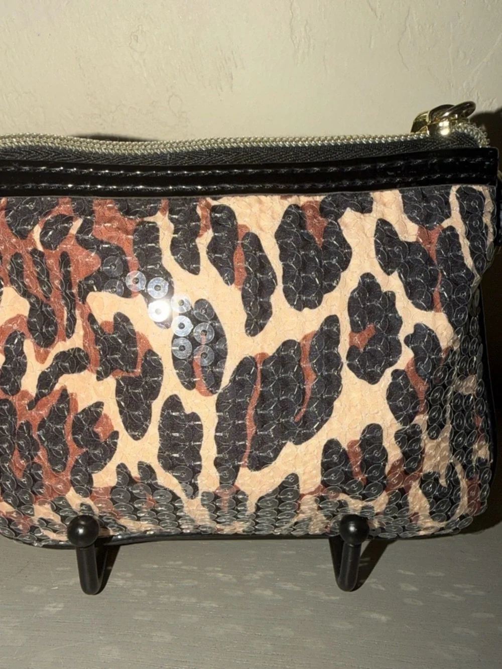 Betsey Johnson Sequined Leopard Print Clutch in Pink, Black & Brown